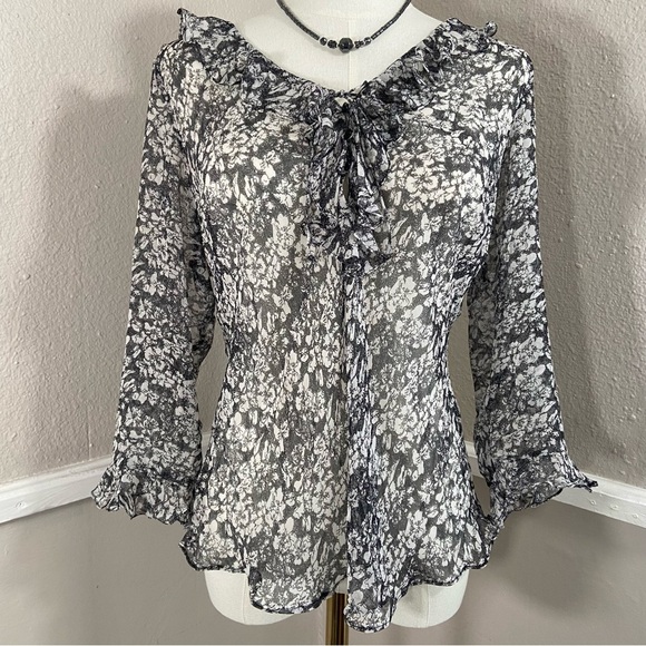 Floral Black White Silk See Through Sheer Long Sleeve Blouse Top Size 10 Vtg 90s - Picture 8 of 8